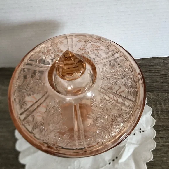 Vtg Federal Glass Pink Sharon Cabbage Rose Covered Candy Dish - Picture 4 of 14